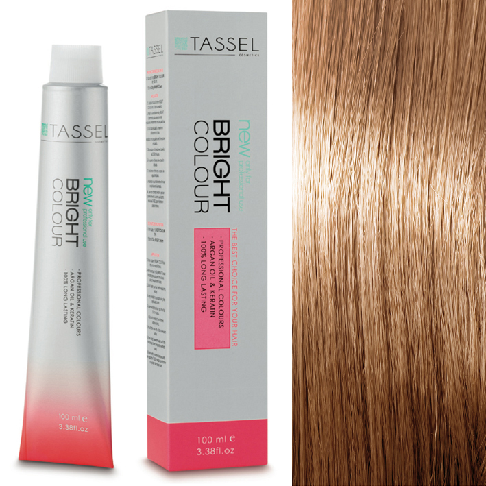 TASSEL NORDIC BRIGHT COLOR Nº9.32 LOIRO MUITO CLARO BEGE Tubo e caixa de corante capilar Tassel Bright Colour ao lado de cabelo liso loiro
