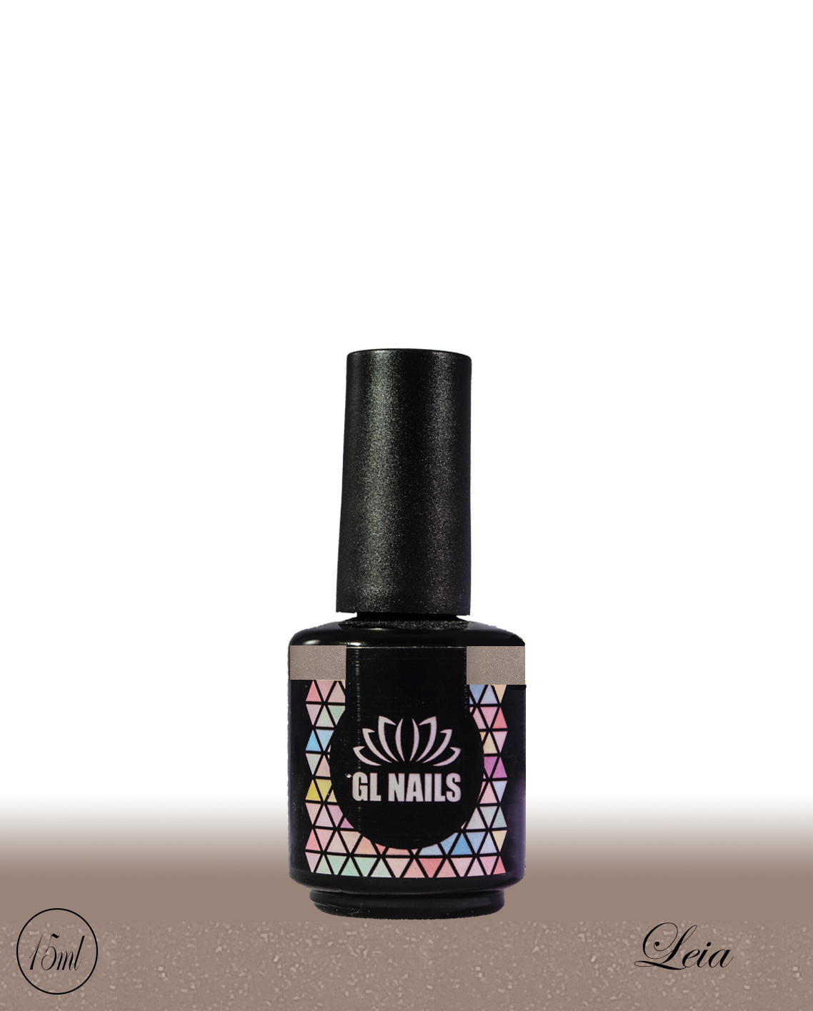 GL Nails - Verniz Gel Leia 15ml Frasco de verniz de unhas GL NAILS com tampa preta e rótulo colorido