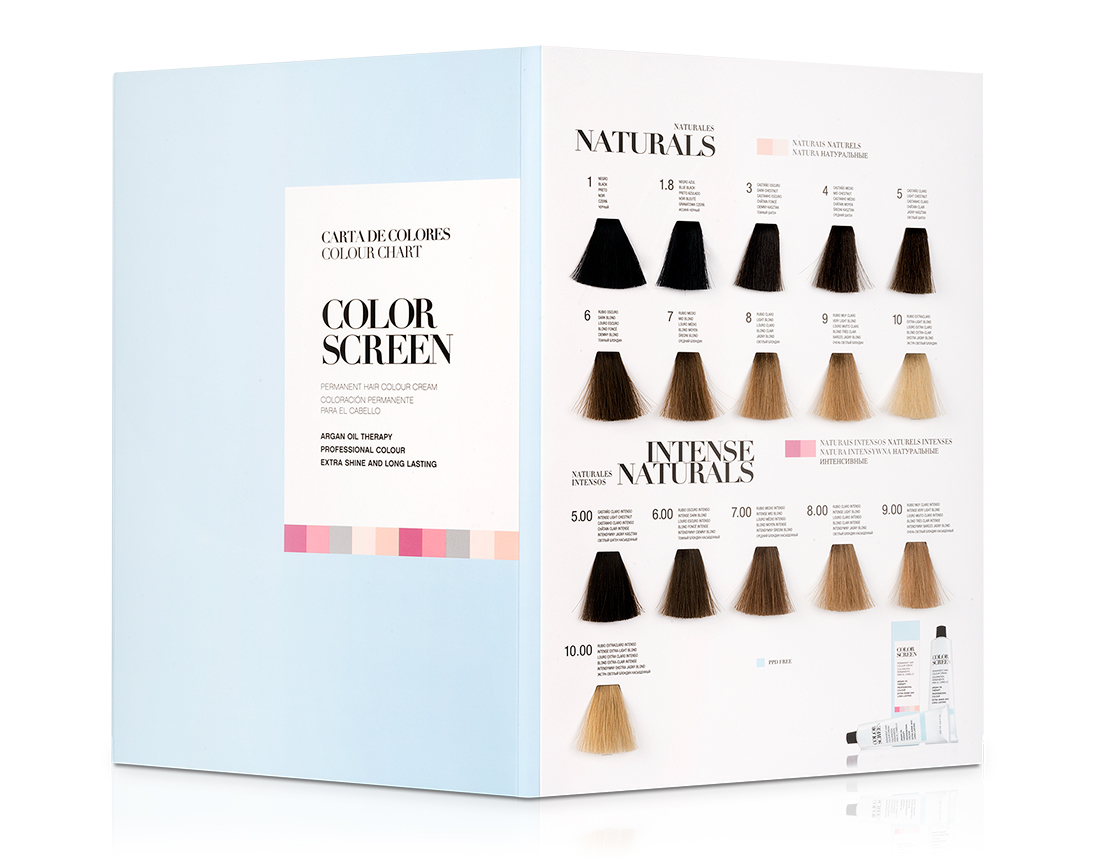 Kosswell Professional Coloração Color Sheen 100ml(108cores) Caixa azul clara com gráfico de cores de cabelo para coloração capilar em tons naturais e intensos