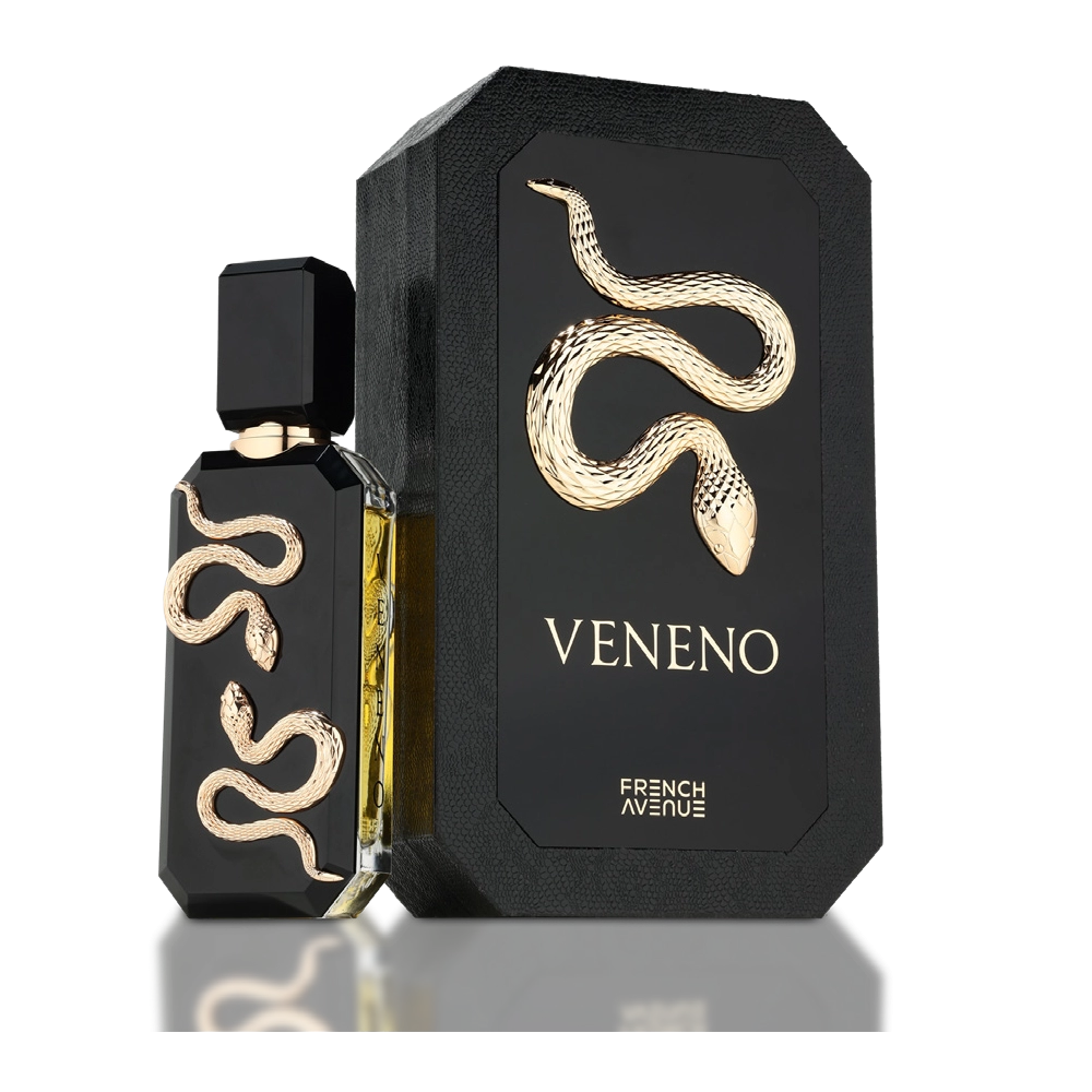 Veneno Black | Perfume para homem e mulher 100ml Frasco de perfume preto com detalhes dourados em forma de cobra e caixa preta elegante