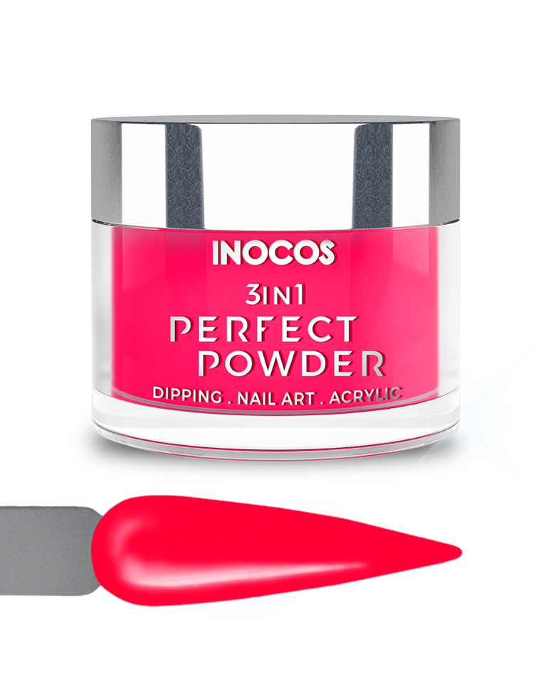 INOCOS PERFECT POWDER 3 EM 1 P23 Perigo! Rosa 20GR Frasco de pó acrílico rosa para unhas INOCOS com tampa prata e amostra da cor no aplicador.