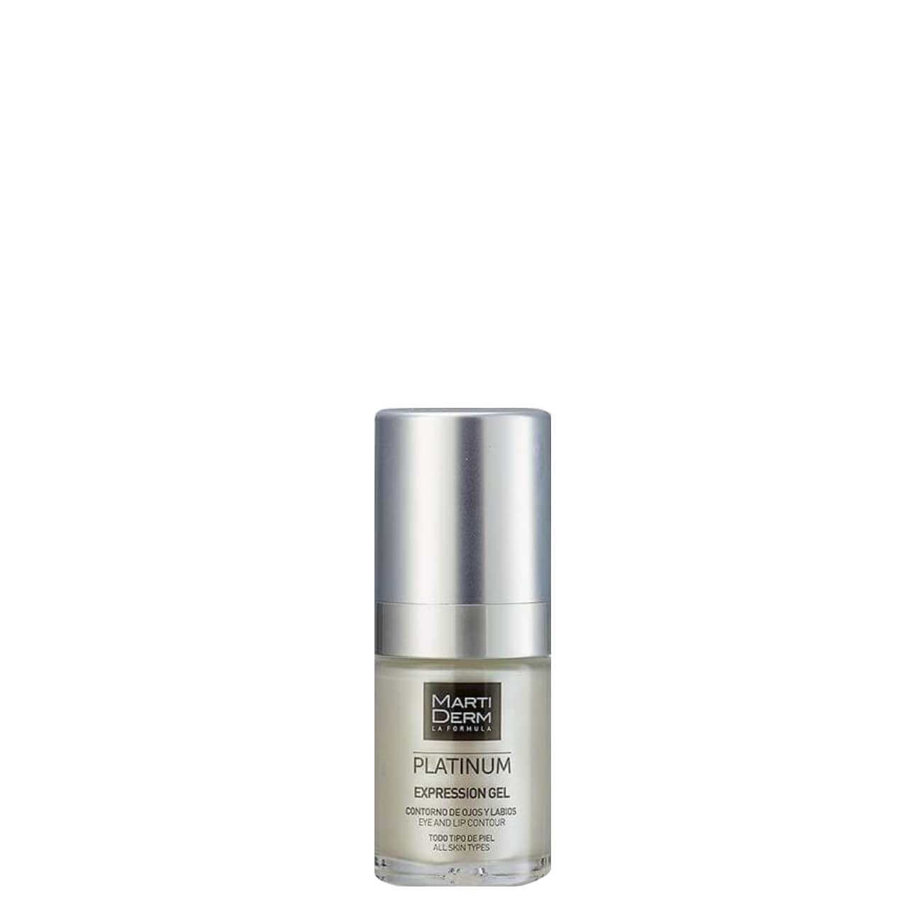 Martiderm Platinum Express Gel Contorno de Olhos 15ml Frasco pequeno de gel cosmético com tampa prateada e rótulo preto e branco