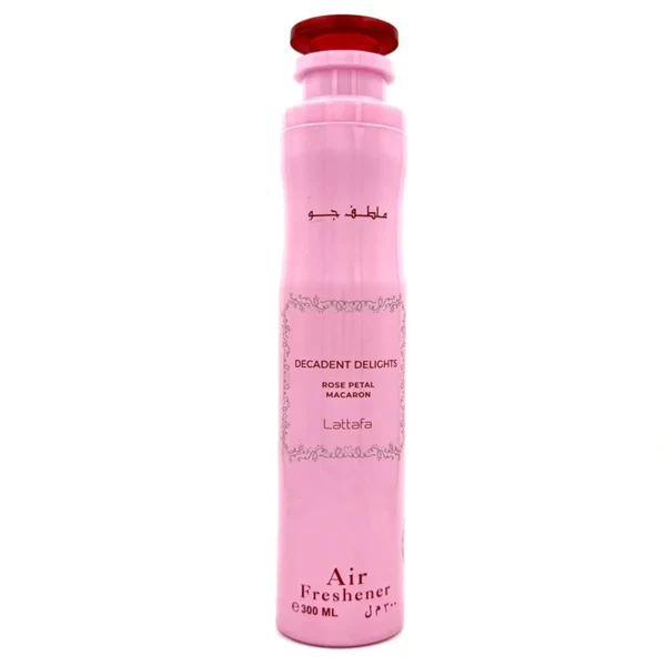 Lattafa Decadent Delights Rose Petal Macaron Air Freshener 300ml Frasco rosa de ambientador Lattafa de 300 ML com tampa vermelha