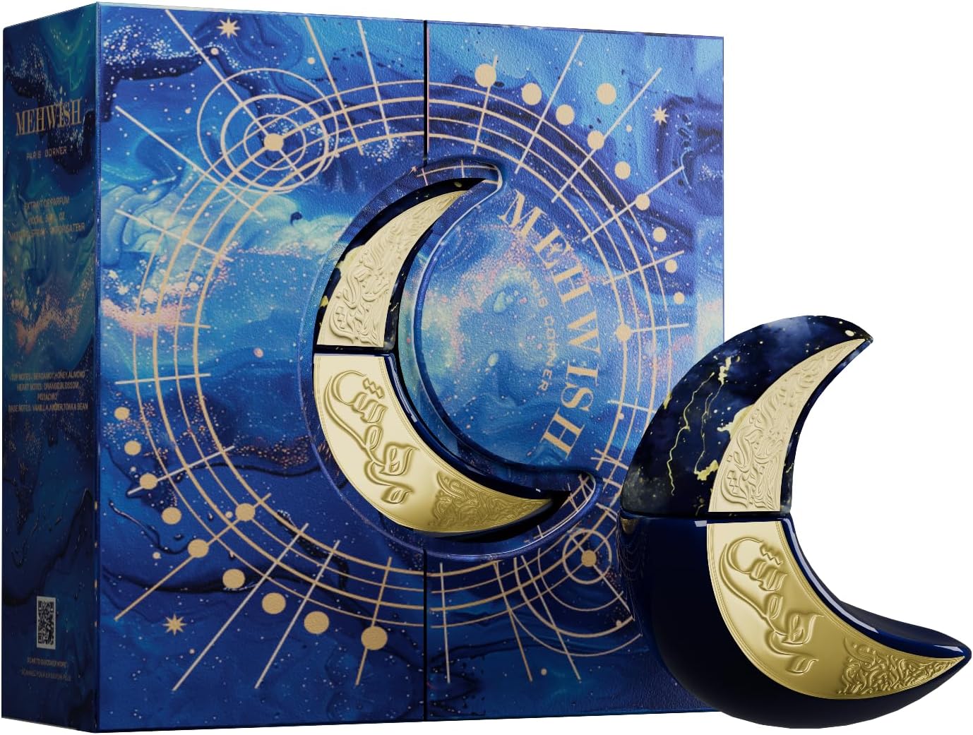Paris Corner Mehwish Eau De Parfum100ml Frasco de perfume em forma de lua crescente azul e dourado com caixa azul cósmica