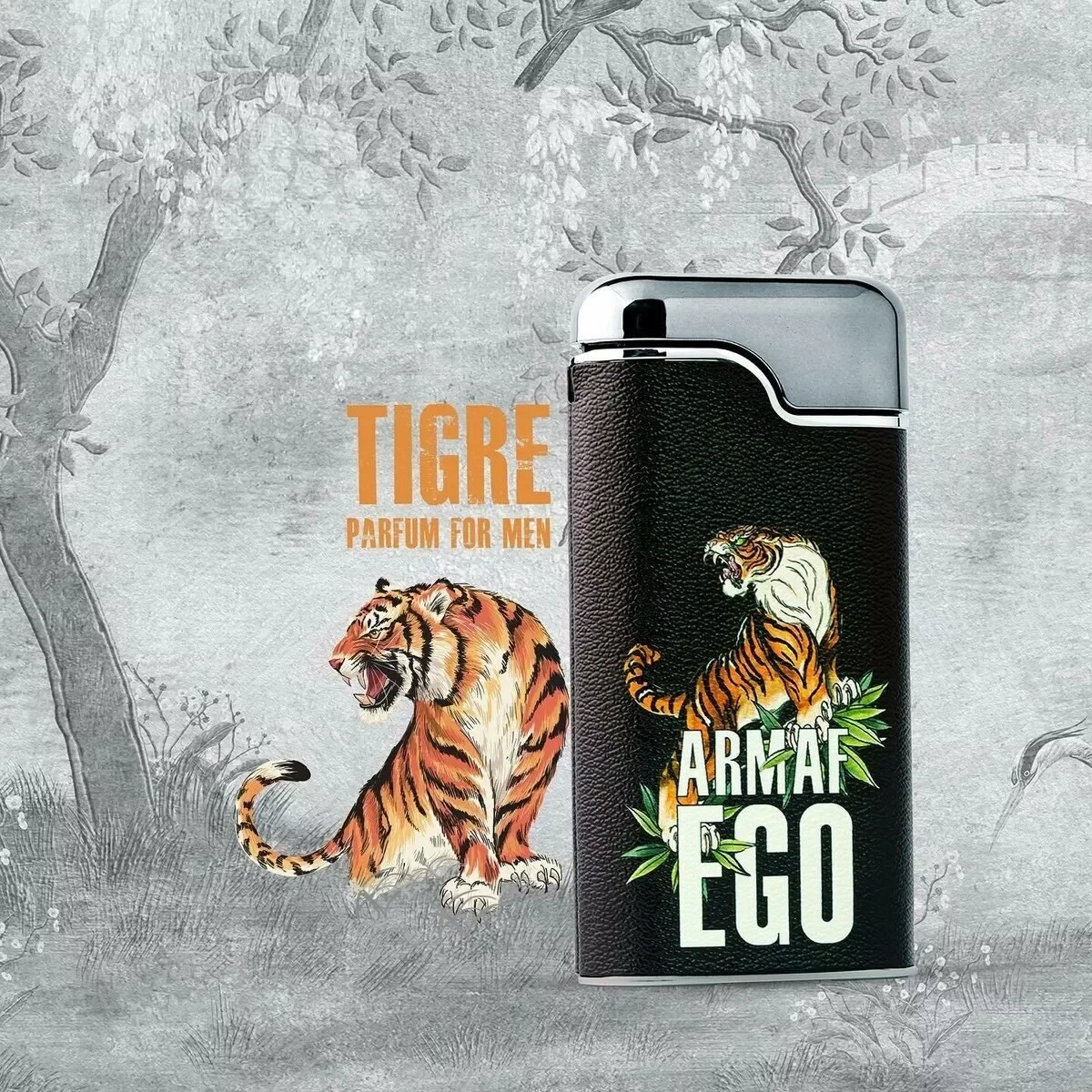 Armaf Ego Tigre Men EDP - 100 ml Frasco de perfume preto com ilustração de tigre e texto, em fundo cinzento com árvores