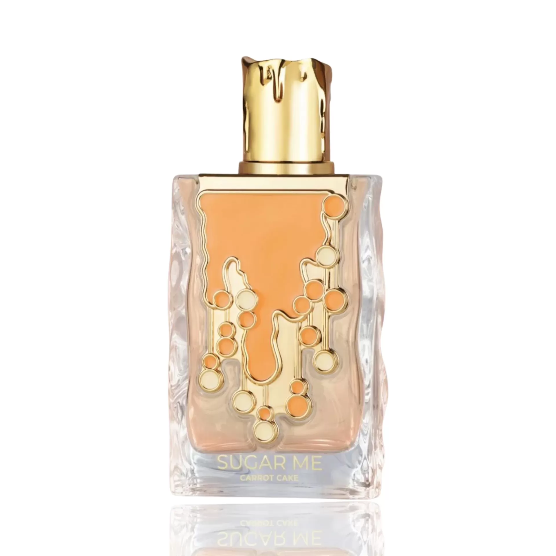 Maison Alhambra Carrot Cake Eau De Parfum 100ml Frasco de vidro com líquido laranja e tampa dourada com design derretido