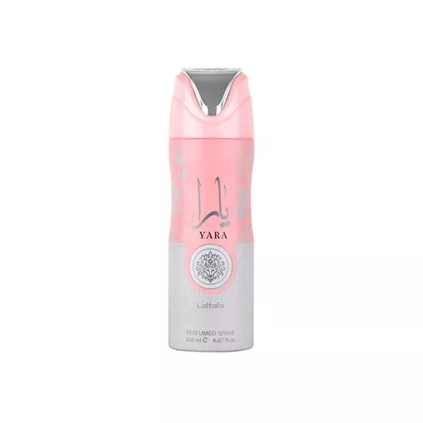 Lattafa Yara Desodorante 200ml Spray Frasco de desodorizante perfumado Yara Lucky em spray branco e rosa