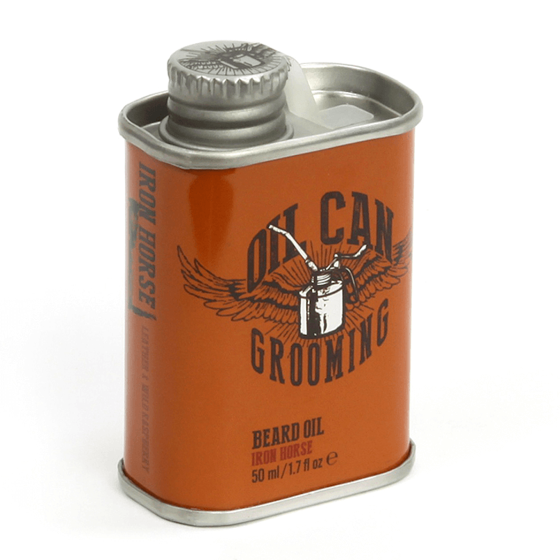 Oil Can Grooming Iron Horse Beard Oil 50ml Frasco metálico laranja de óleo para barba Iron Horse