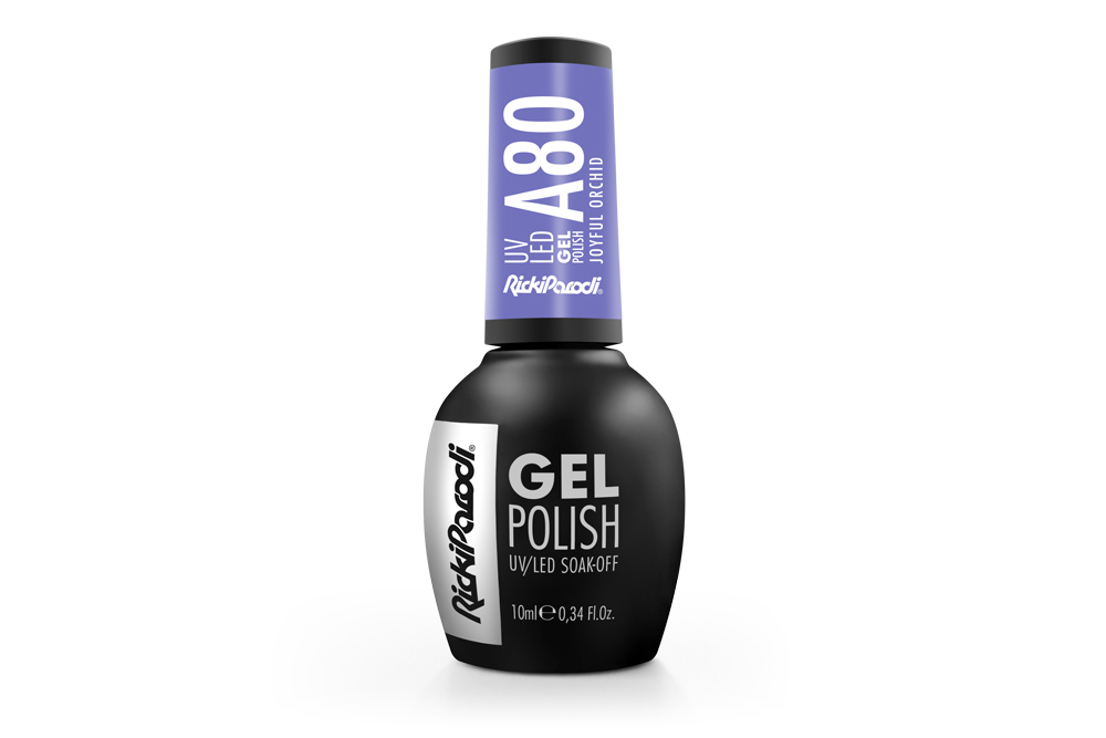 Verniz Gel Rickiparodi Joyful Orchid A80 10.5 ml Frasco de verniz gel preto com tampa roxa e texto branco