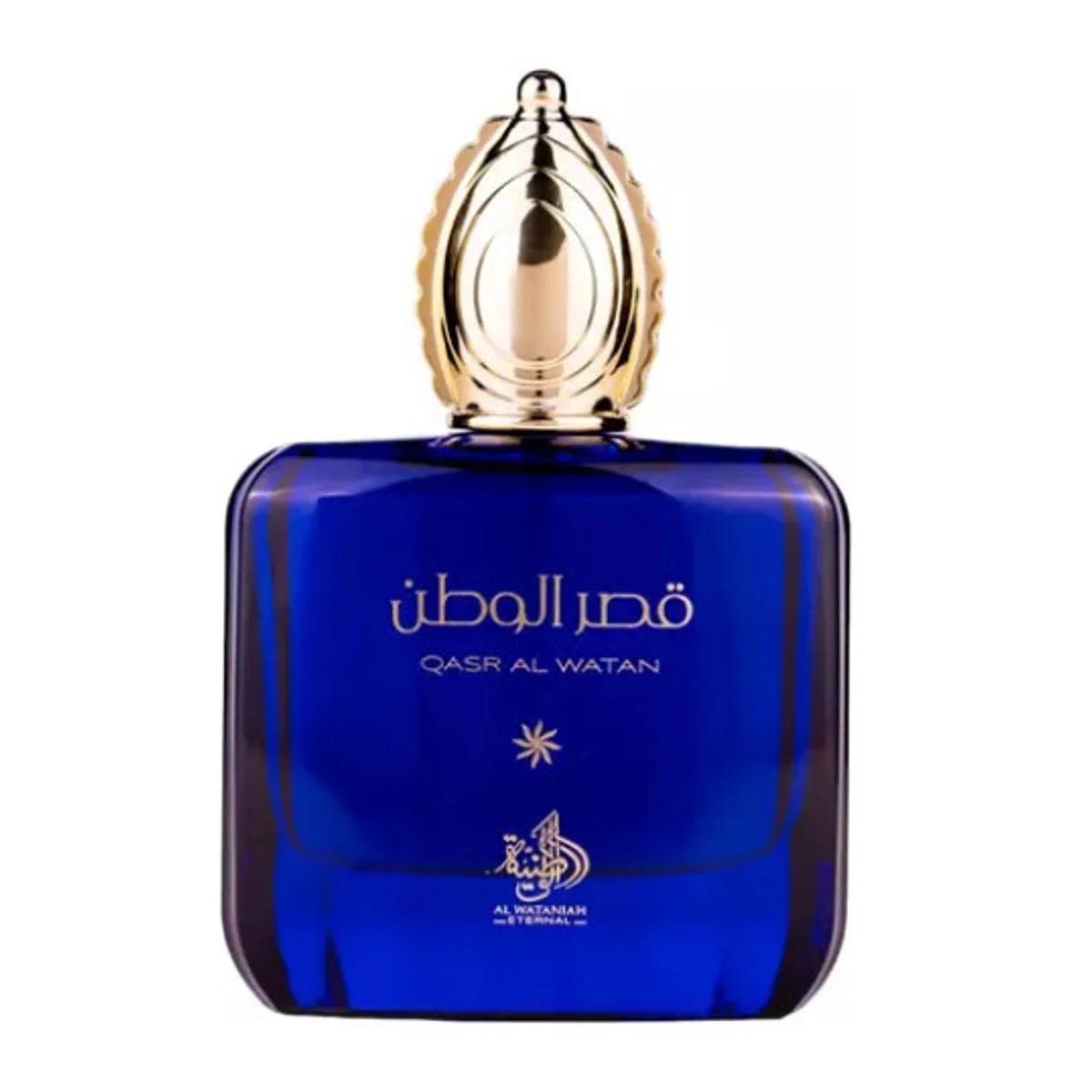 Al Wataniah Qasr Al Watan Eau De Parfum 100ml Frasco de perfume azul escuro com tampa dourada e texto dourado