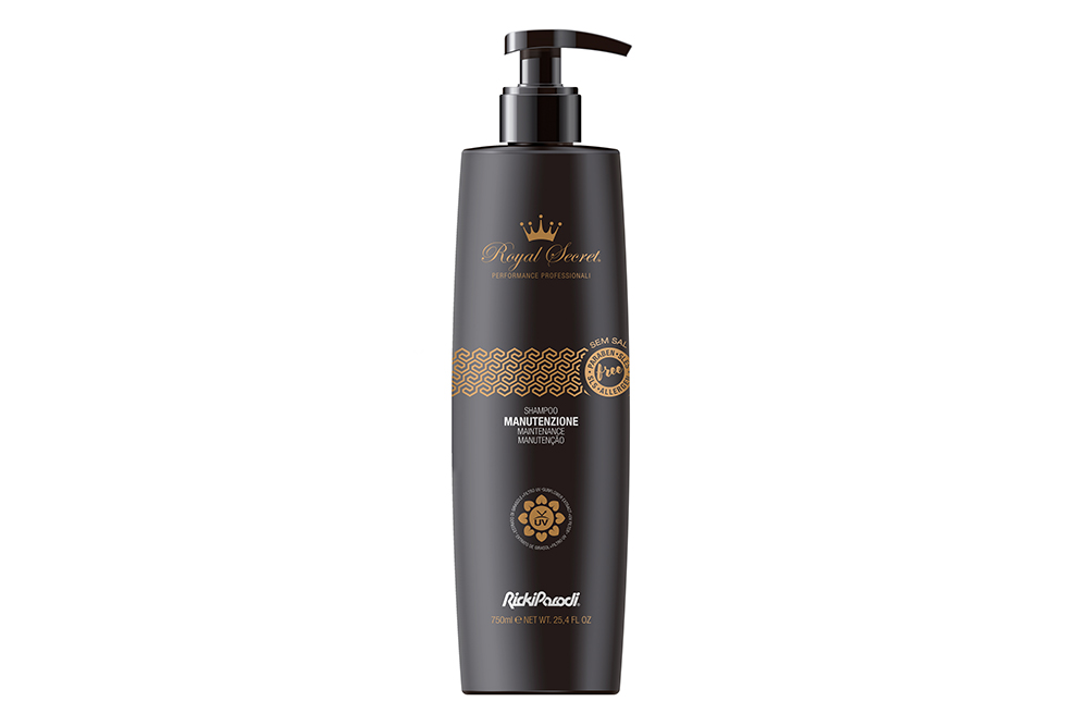 Royal Secret Shampoo Manutenção 750 ml – Ricki Parodi Frasco preto de produto de beleza com doseador e texto dourado e branco