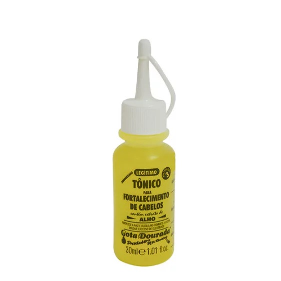 Gota Dourada Tónico Fortalecimento Alho 30ml Frasco amarelo de tónico para fortalecimento de cabelos com tampa branca e texto em português.