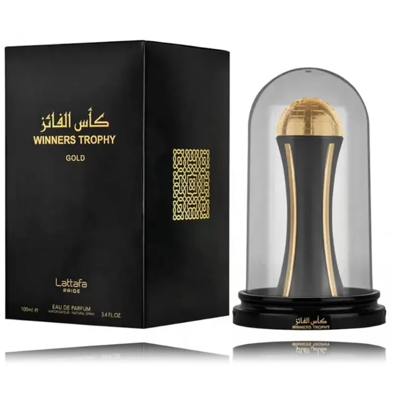 Perfume LATTAFA Pride Winners Trophy Gold Edp 100Ml Perfume Winners Trophy Gold em caixa preta com frasco em forma de troféu e cúpula transparente