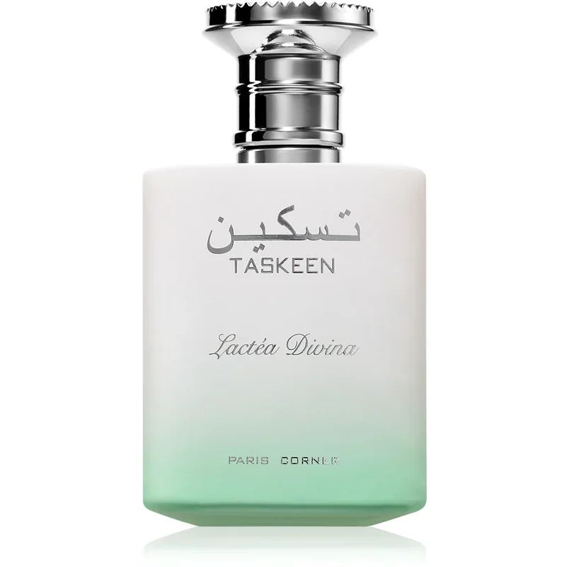 Taskeen Lactéa Divina Eau de Parfum 100ml - Paris Corner Frasco de perfume branco e verde com tampa prateada e texto TASKEEN