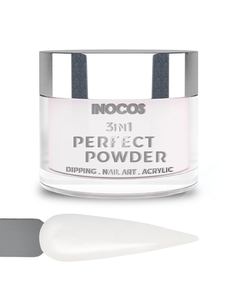 INOCOS PERFECT POWDER 3 EM 1 BASE 04 Branco Gelo 20GR Frasco de pó para unhas INOCOS 3IN1 com amostra de cor branca
