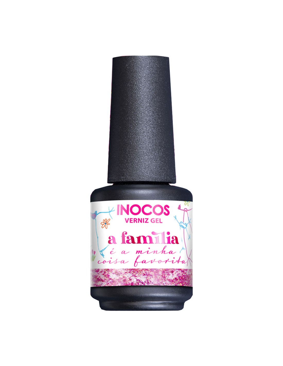 Verniz Gel A Família 15ml - Inocos Coleção de Natal "A minha coisa favorita" Frasco de verniz gel preto com etiqueta branca floral e texto colorido