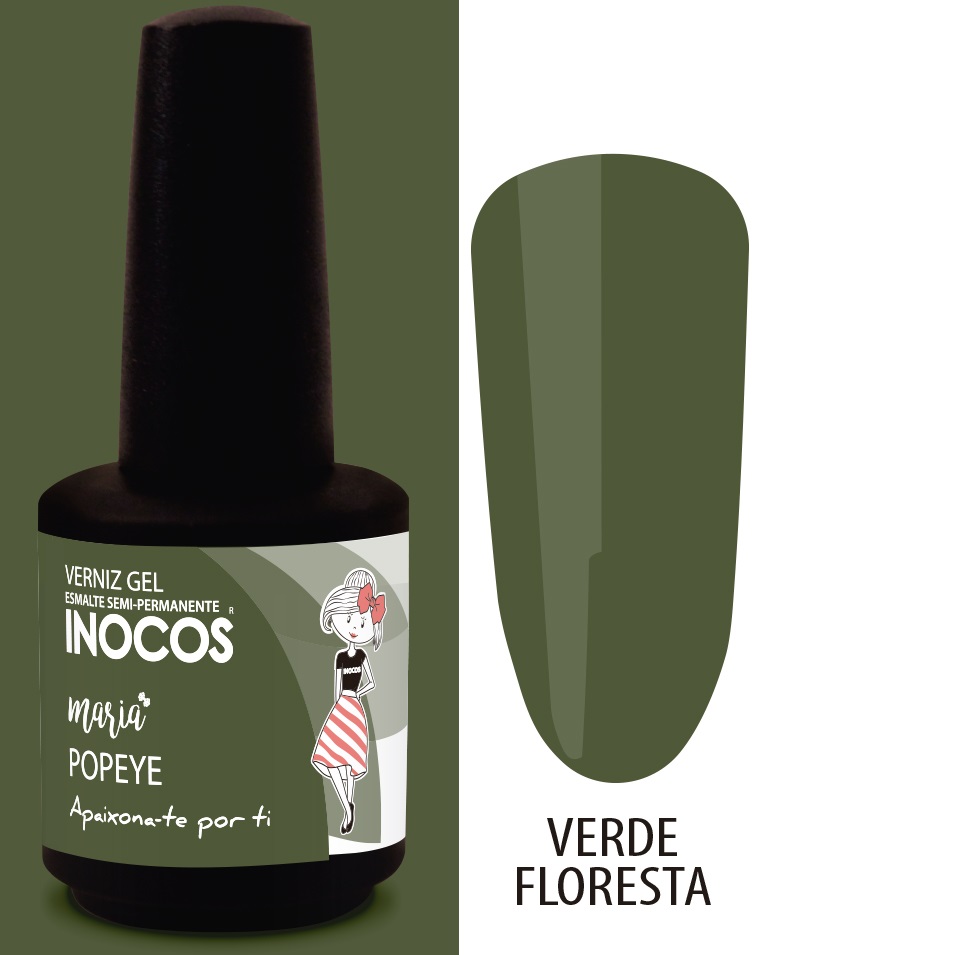 INOCOS VERNIZ GEL MARIA POPEYE 15ML Verniz gel INOCOS verde floresta com frasco e amostra de cor