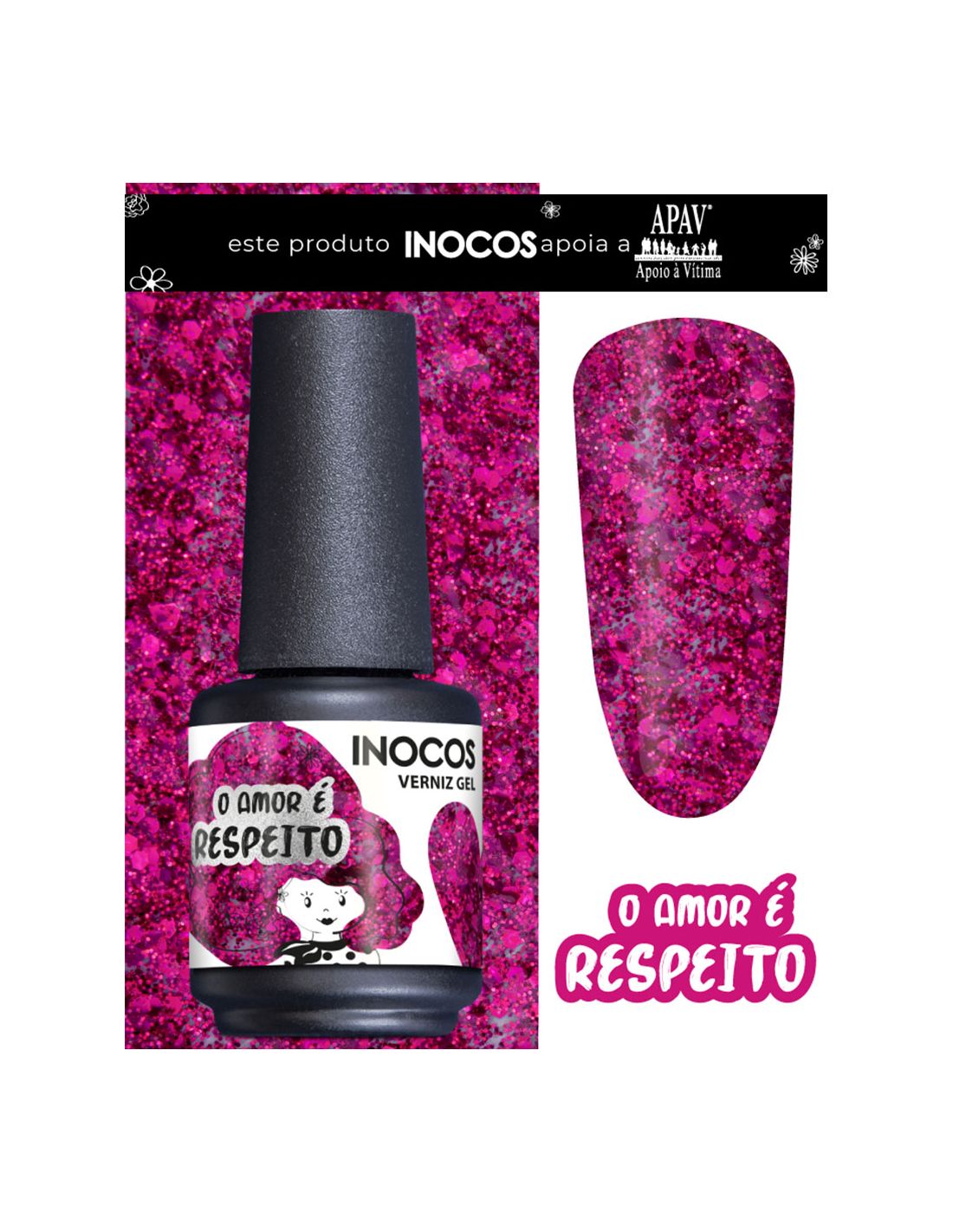 INOCOS VERNIZ GEL O AMOR É RESPEITO 15ML Verniz gel INOCOS rosa com glitter e texto O AMOR É RESPEITO