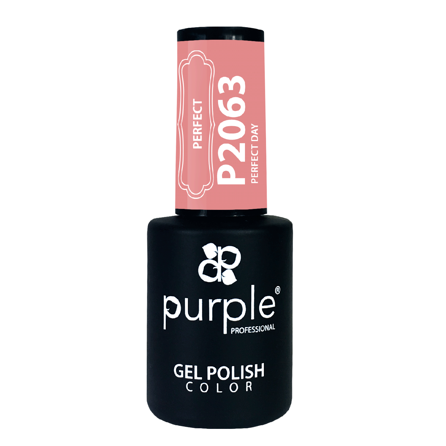 Purple Verniz Gel P2063 – Perfect Day 10ml Frasco de verniz gel para unhas Purple Professional preto com tampa rosa