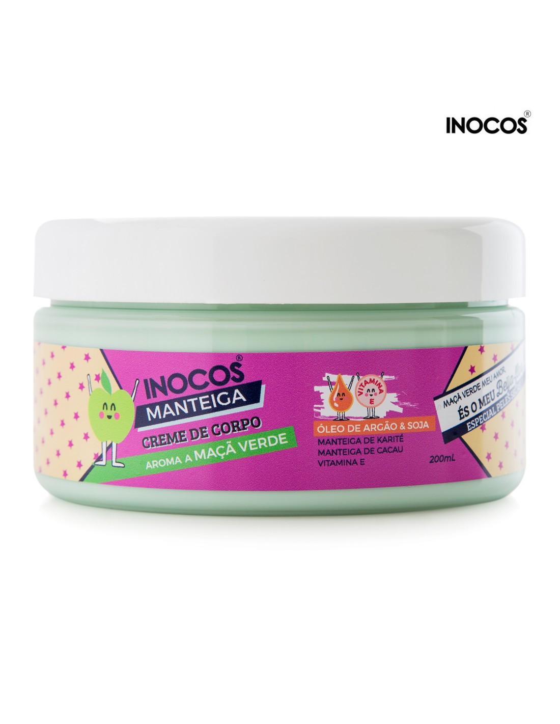 Manteiga Corporal Maçã 200ml Inocos Frasco de creme corporal INOCOS MANTEIGA aroma maçã verde, 200ml, com tampa branca e rótulo rosa