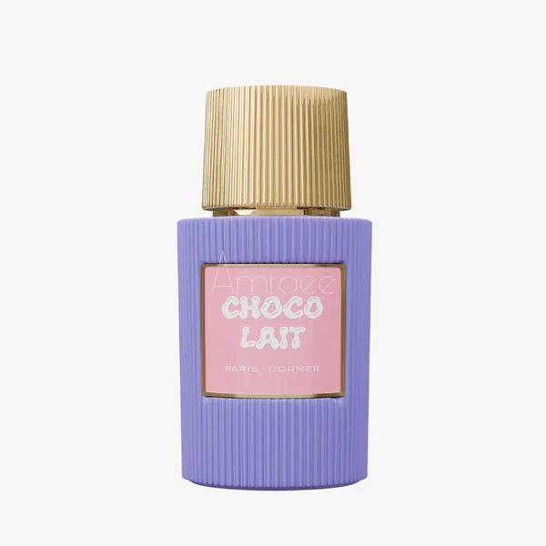 Paris Corner Choco Lait Eau De Parfum 100ml Frasco roxo de perfume com tampa dourada e etiqueta rosa com texto CHOCO LAIT