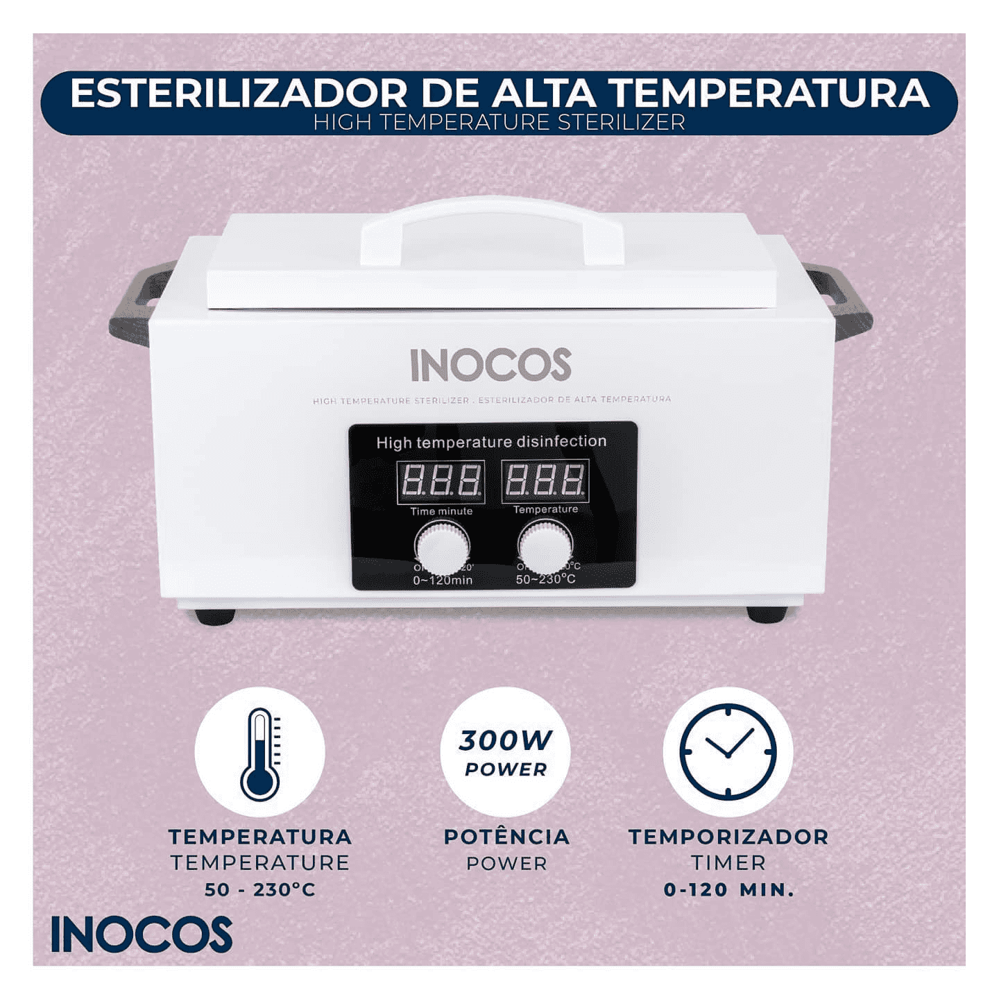 Inocos Esterilizador de Alta Temperatura Esterilizador azul de alta temperatura com visor digital e botões de controlo.