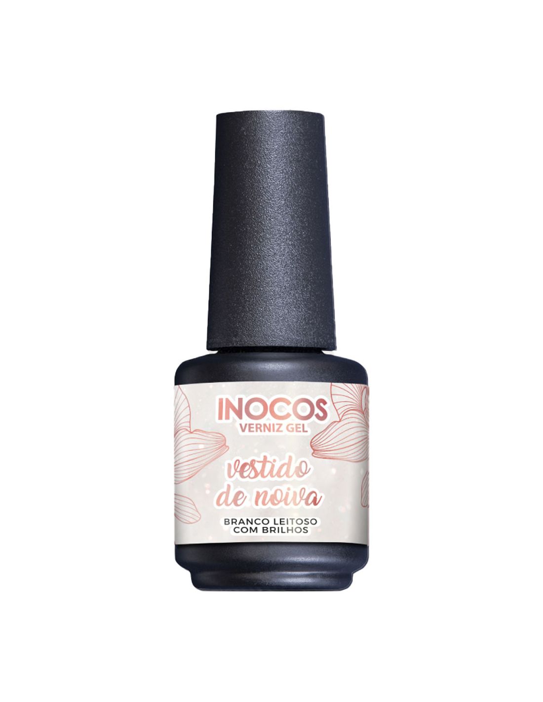 Verniz Gel Vestido de Noiva 15ml - Era uma vez... INOCOS Frasco de verniz gel para unhas INOCOS vestido de noiva branco leitoso com brilhos