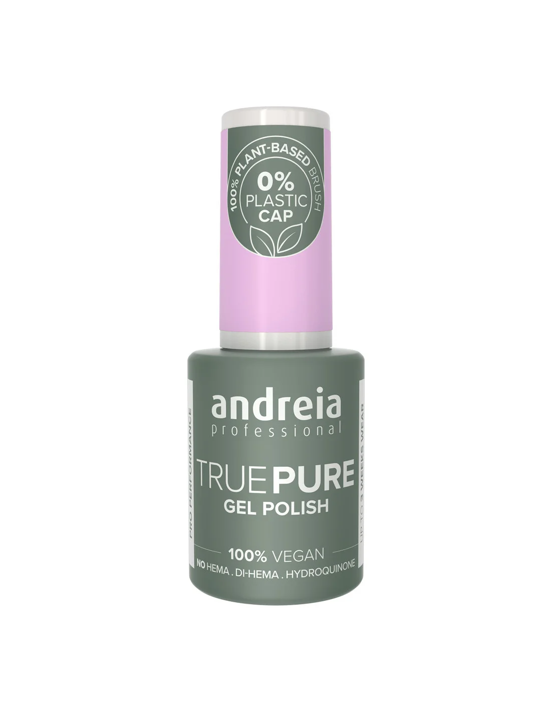 True Pure Gel Polish Andreia 0% Plastic T11 10.5ml Frasco de verniz gel Andreia True Pure 100% vegan, tampa lilás e texto branco