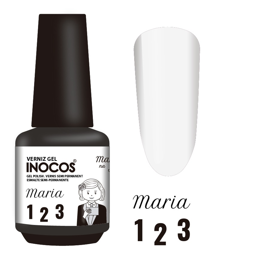 INOCOS VERNIZ GEL MARIA 1 2 3 15ML Verniz gel INOCOS branco com rótulo e amostra da cor