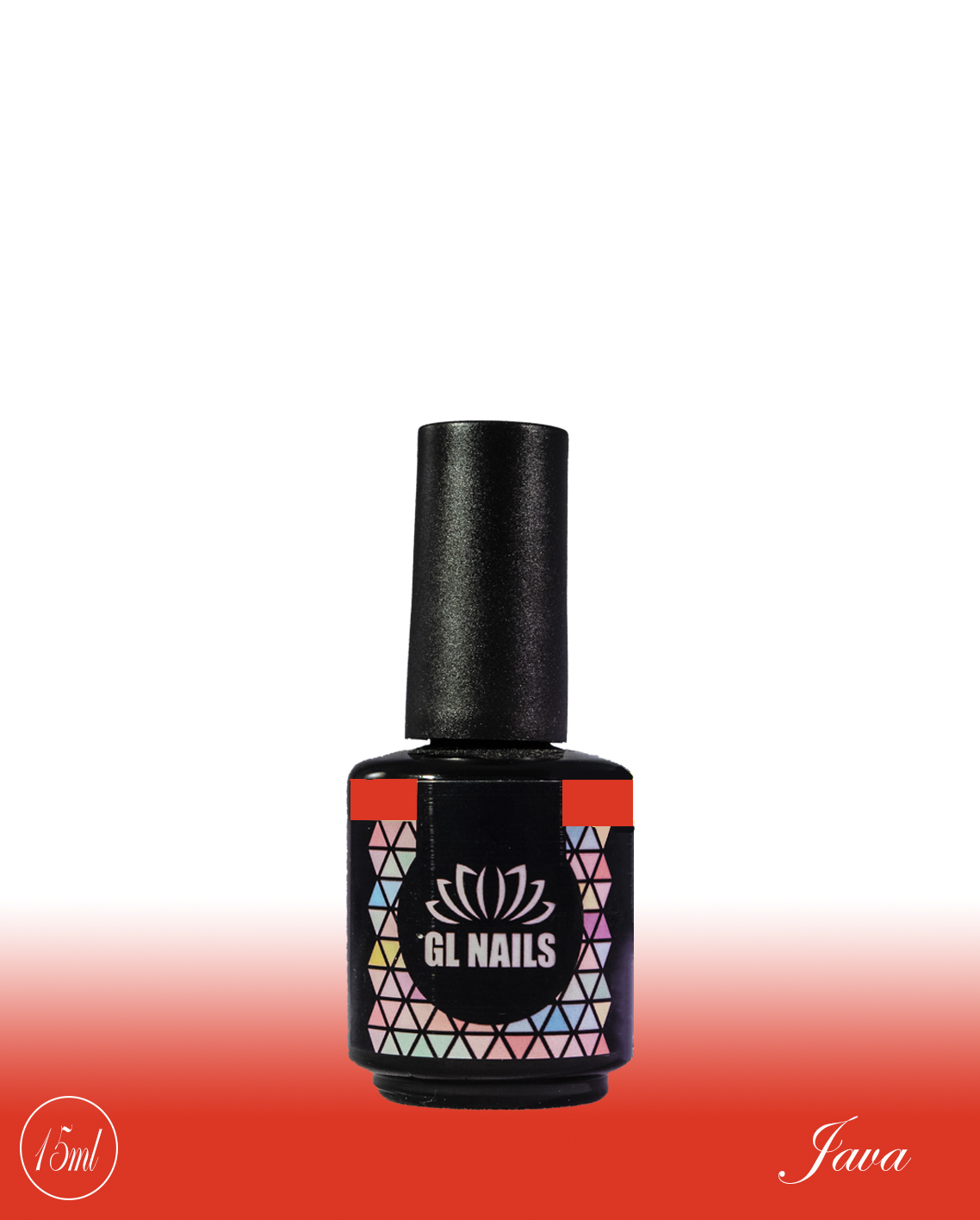 GL Nails - Verniz Gel Java 15ml Frasco de verniz de unhas GL NAILS preto com rótulo colorido e tampa preta
