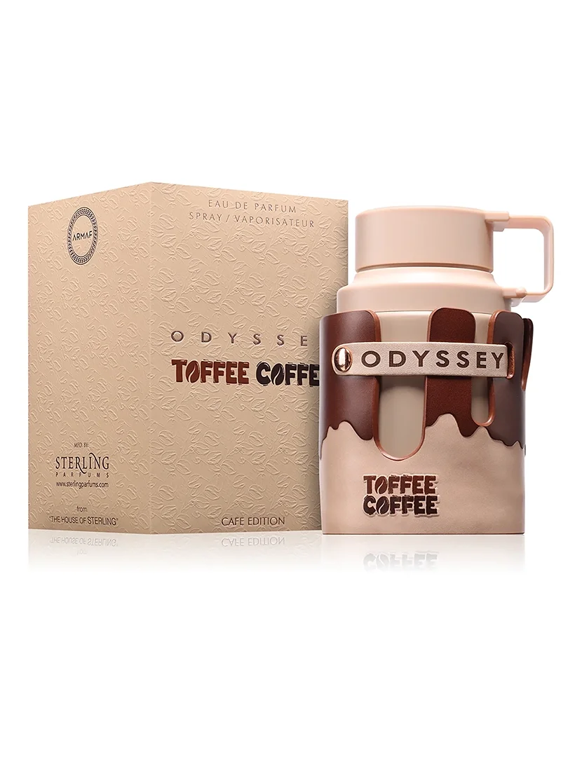 Odyssey Toffee Coffee Eau De Parfum 100ml Frasco de perfume Odyssey Toffee Coffee e sua caixa bege com relevo