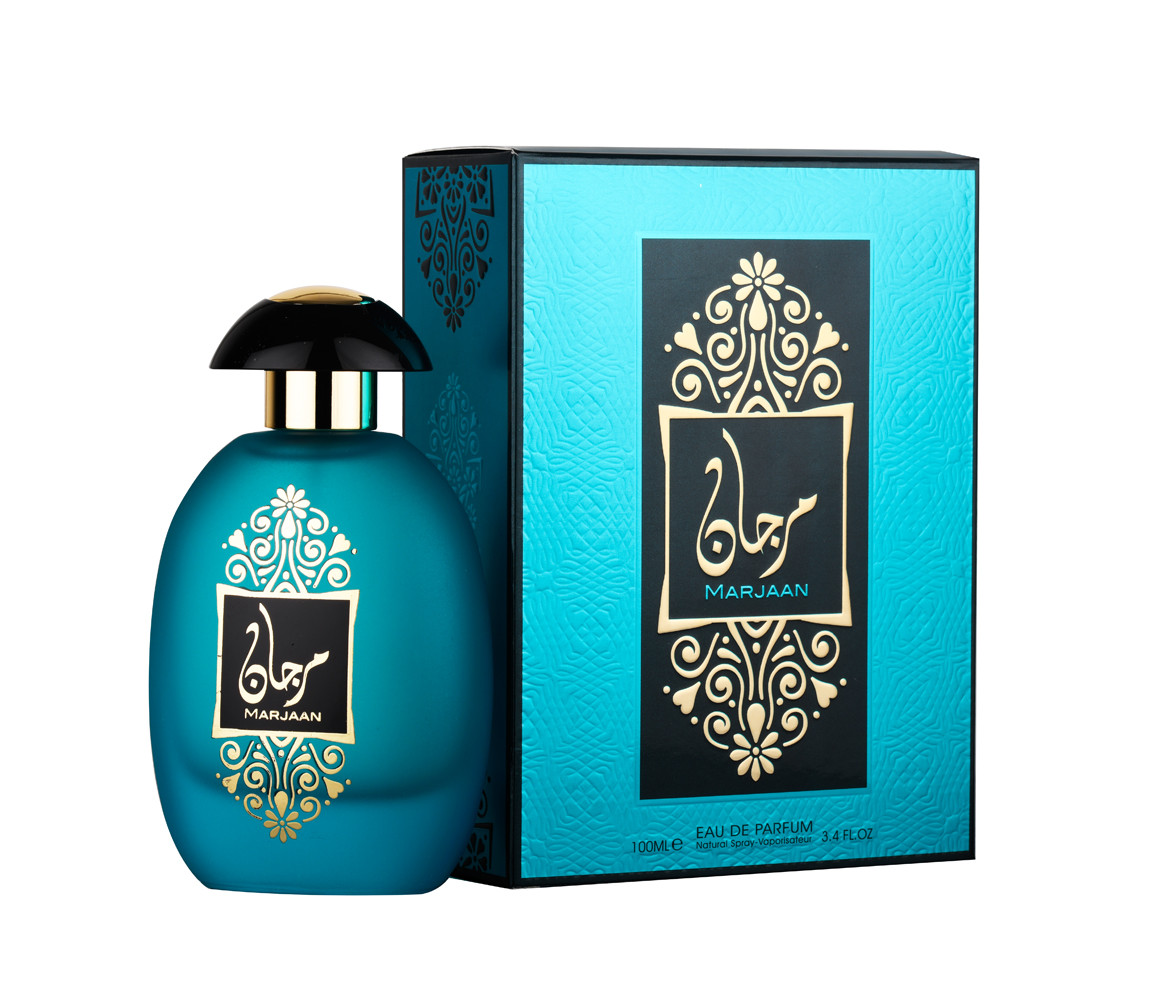 Al Wataniah Marjaan EDP Perfume Spray 100ml Frasco e caixa de perfume azul turquesa com detalhes dourados e pretos.