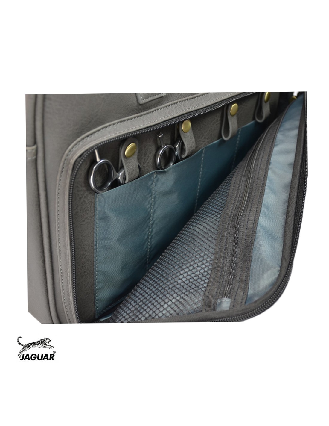Jaguar Bolsa Studio Cabeleireiro Mala cinzenta com compartimentos interiores e tesouras de cabeleireiro