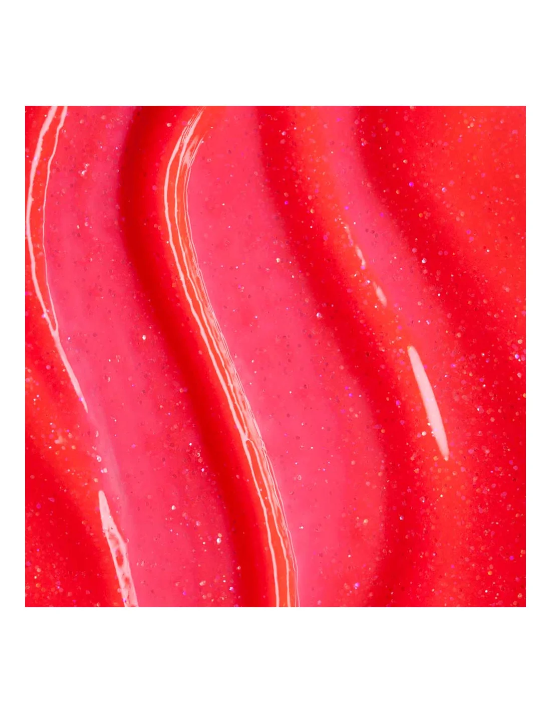 True Pure Gel Polish Andreia 0% Plastic T20 10.5ml Substância vermelha brilhante e cintilante com textura lisa e cortes longitudinais.