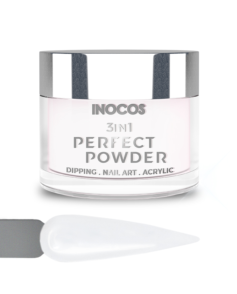 INOCOS PERFECT POWDER 3 EM 1 BASE 01 Transparente 20GR Frasco de pó para unhas Inocos 3in1 Perfect Powder branco com tampa prateada