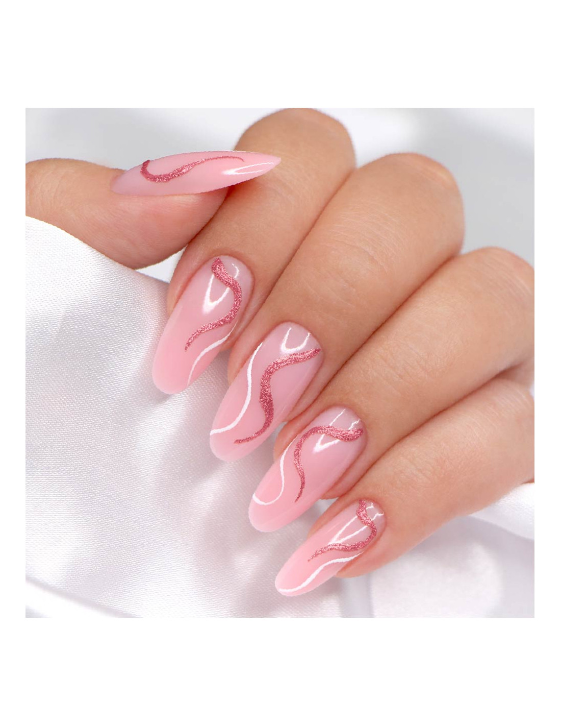 Nail Liner Inocos Rosa Ouro 8ml Unhas artificiais cor de rosa com desenhos abstratos em glitter rosa.