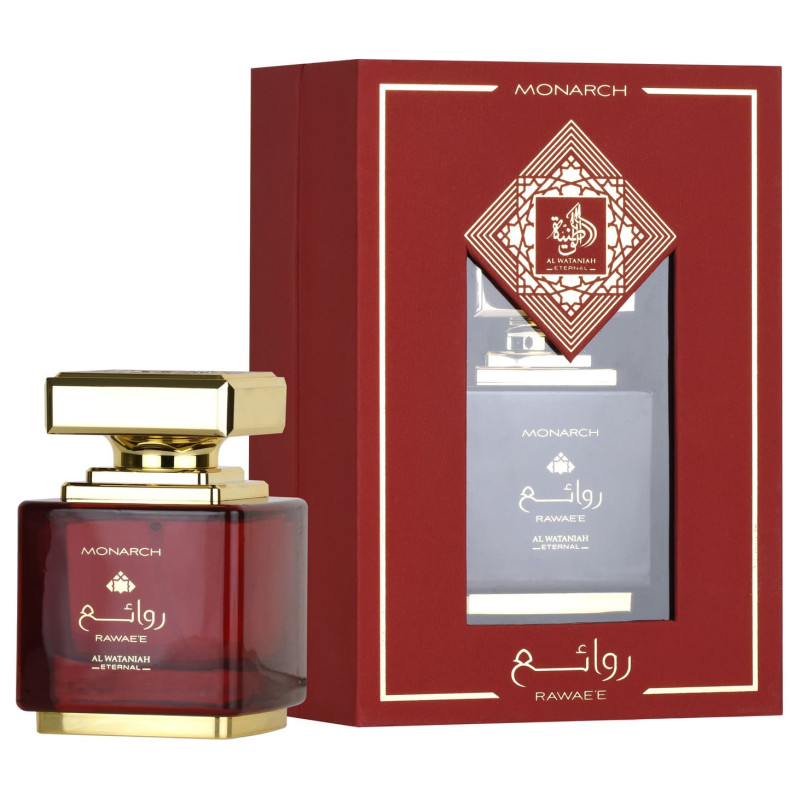 Al Wataniah Eternal Rawaee Monarch Eau De Parfum 100ml Frasco e caixa de perfume Monarch Rawaae vermelho e dourado