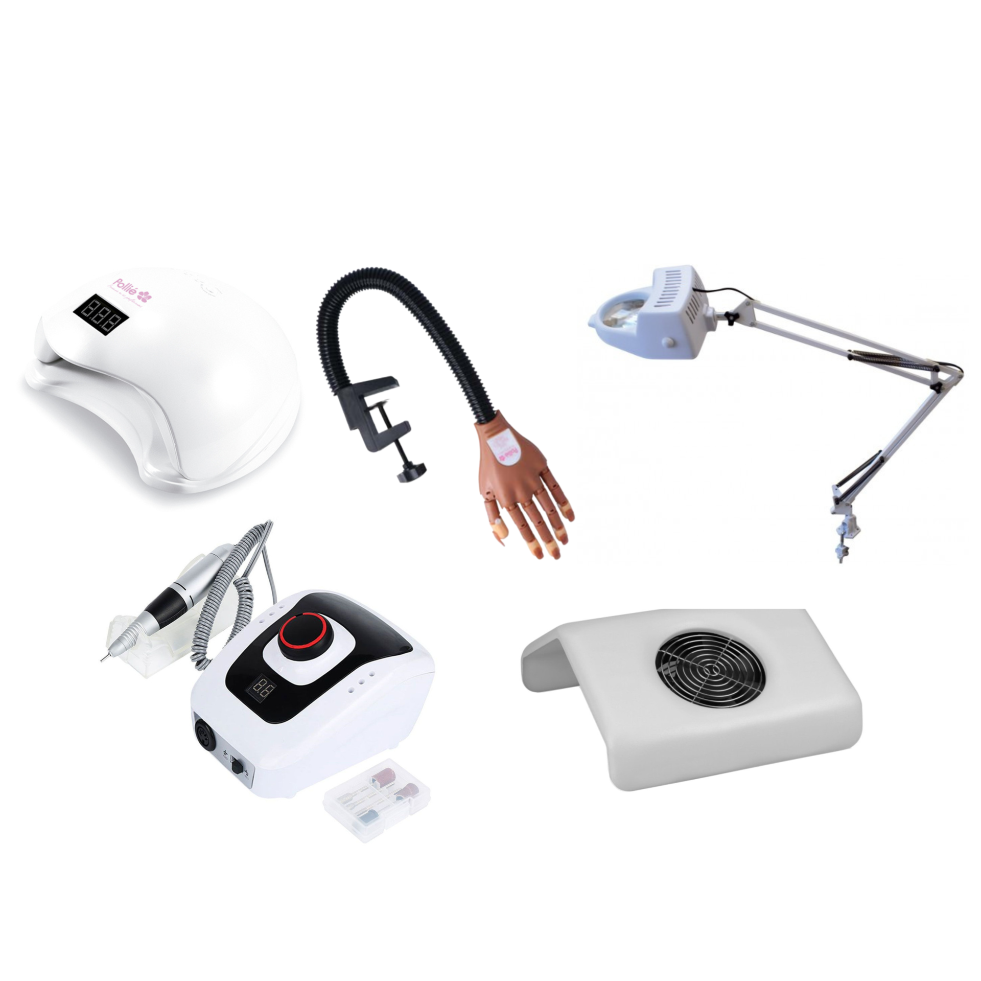 Kit Manicure Unhas de Gel Profissional Equipamento profissional para unhas com lâmpada LED, mão de treino, lâmpada de aumento, broca elétrica e aspirador.