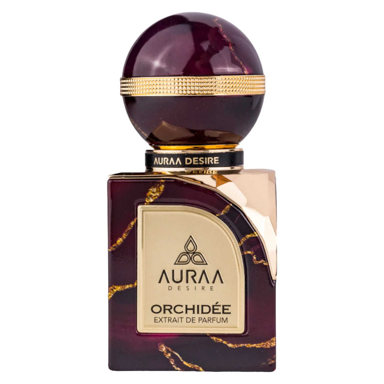Auraa Desire Orchidee Extrait De Parfum 100ml Frasco luxuoso de perfume bordô e dourado com tampa esférica