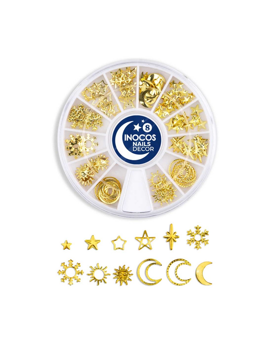 Nails Decor Galaxy nº8 - Festival de Verão INOCOS Conjunto de decoração para unhas com ornamentos metálicos dourados em várias formas, organizados numa roda.