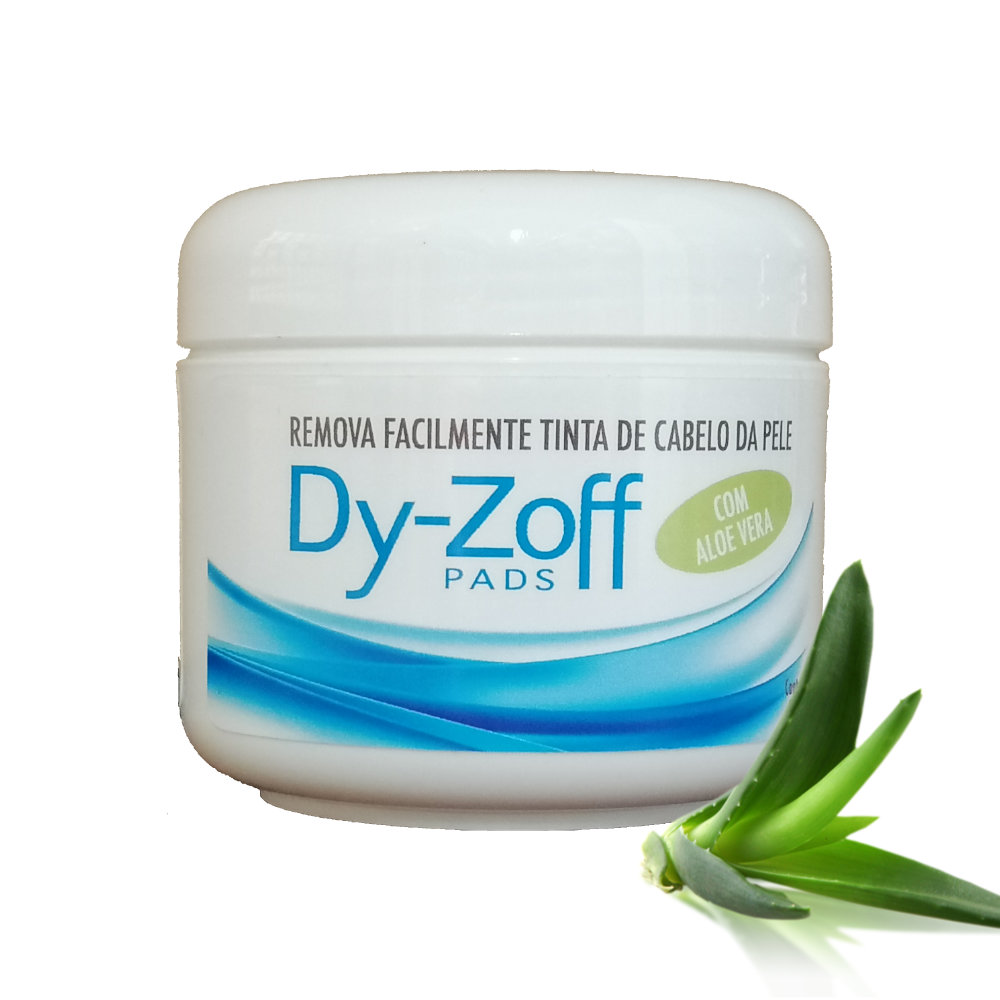 Frasco branco de produto Dy-Zoff Pads com folhas de aloe vera ao lado