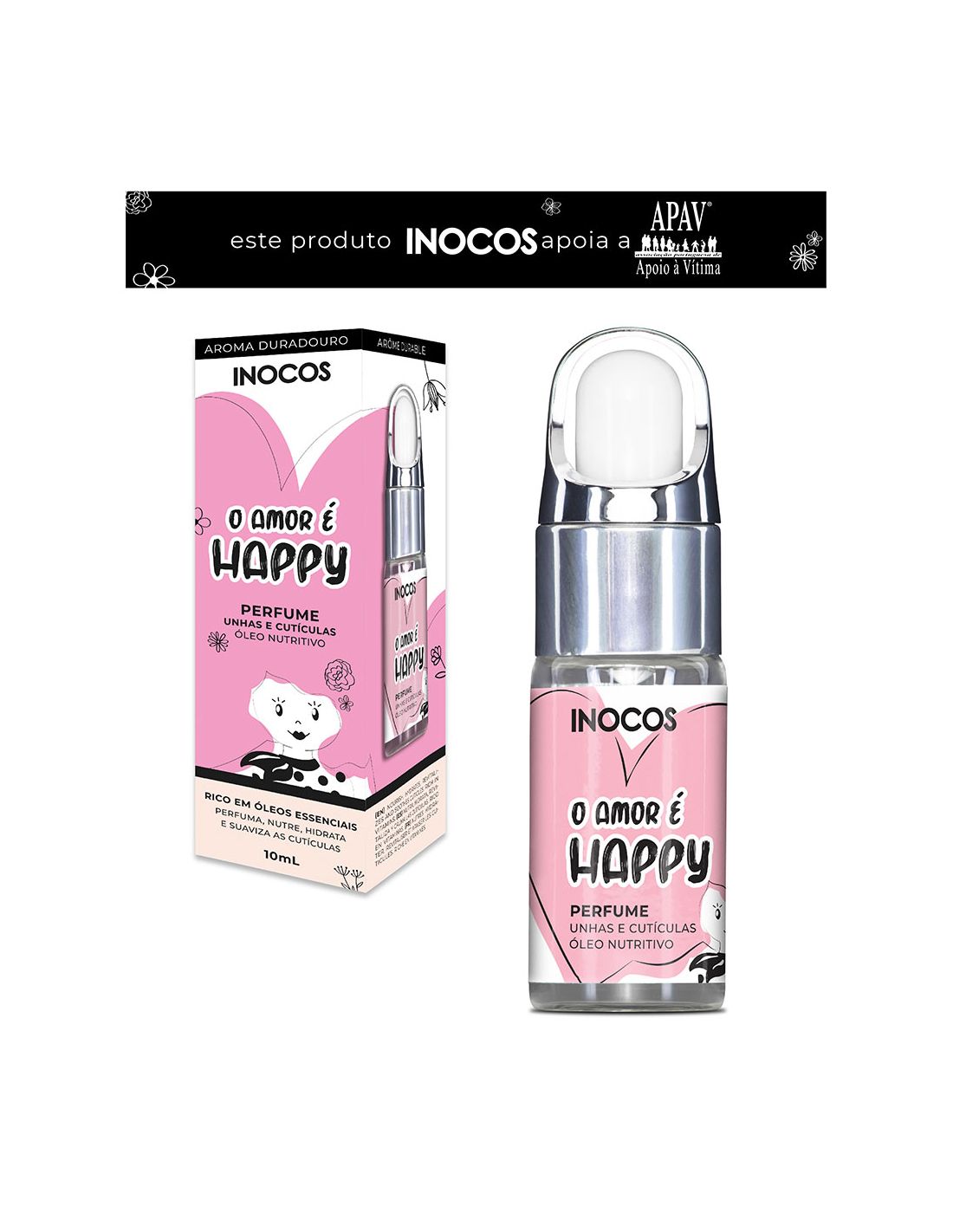 INOCOS Perfume de Cutículas O Amor é Happy 10ml Perfume para unhas e cutículas Inocos com embalagem rosa e frasco transparente