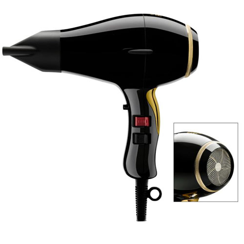 Secador Cabelo Elchim 8th Sense Run Black Gold Secador de cabelo preto com detalhes dourados e botões na pega