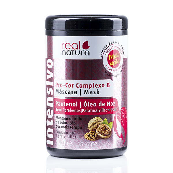 Real Natura MÁSCARA SEM SAL PRO-COR COMPLEXO B 1KG Frasco de máscara capilar real natura Intensivo com rótulo rosa e vermelho