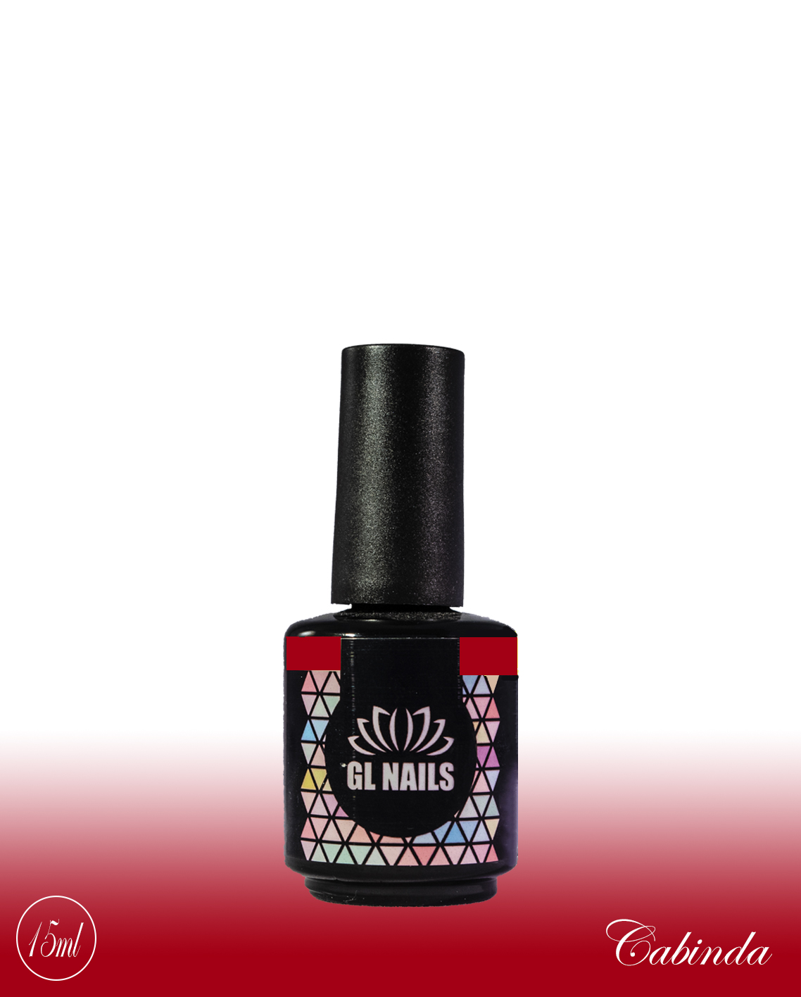 GL Nails - Verniz Gel Cabinda 15ml Frasco de verniz de unhas GL NAILS com rótulo geométrico colorido