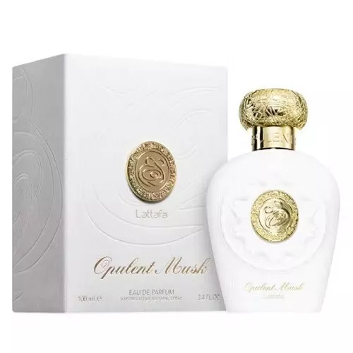 Lattafa Opulent Musk Eau de Parfum para mulheres 100ml Frasco de perfume branco e caixa branca com detalhes dourados