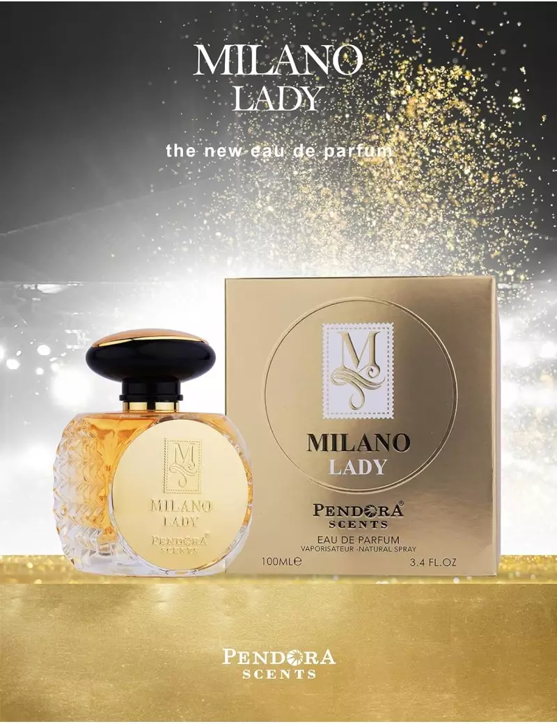Milano Lady By Pendora Scents EDP 100ml Frasco de perfume Milano Lady com embalagem dourada e fundo brilhante