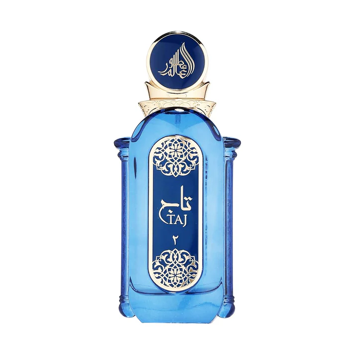 Fragrance World Athoor Al Alam Taj unissex 90ml Frasco de perfume azul translúcido com detalhes dourados e texto TAJ