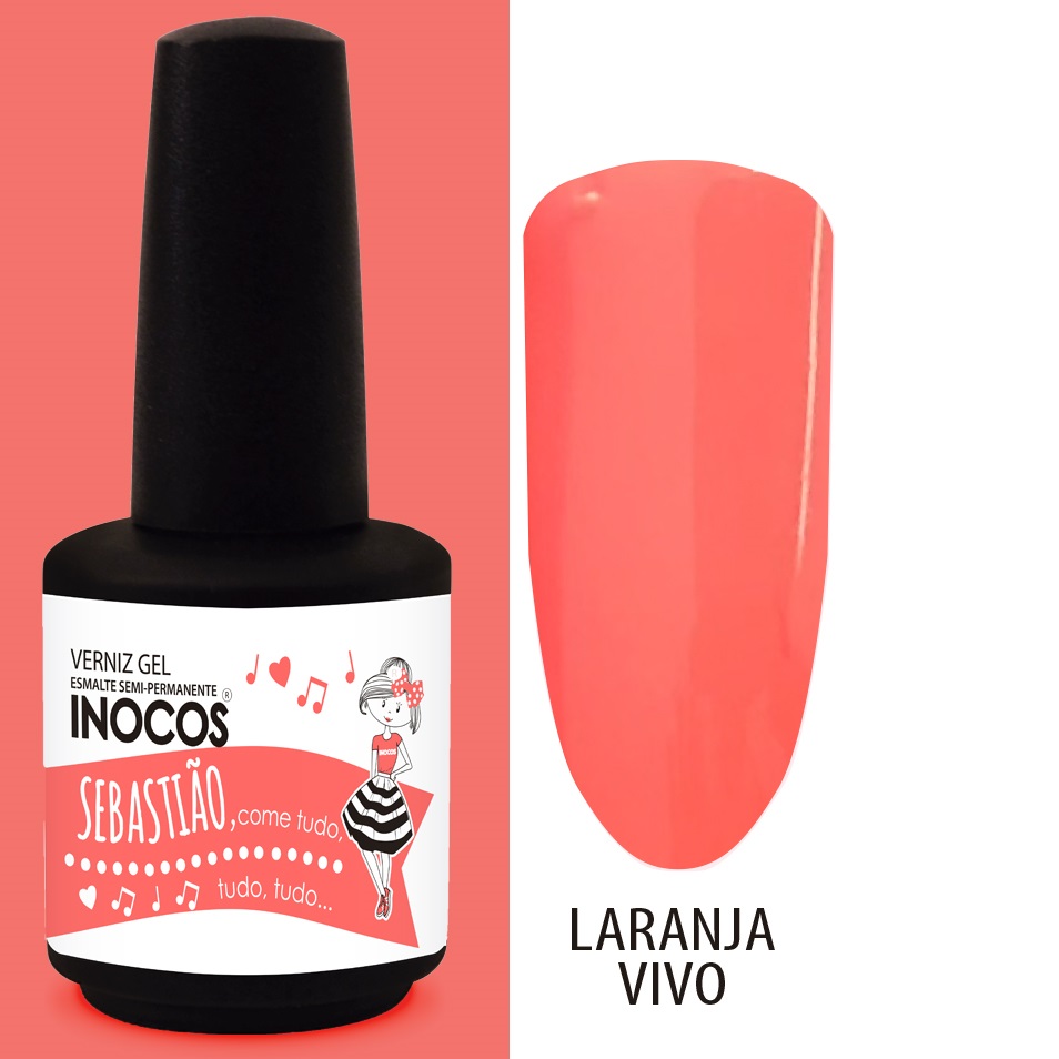 INOCOS VERNIZ GEL SEBASTIÃO 15ML Frasco de verniz gel Inocos laranja vivo com rótulo ilustrado e cor mostrada em amostra