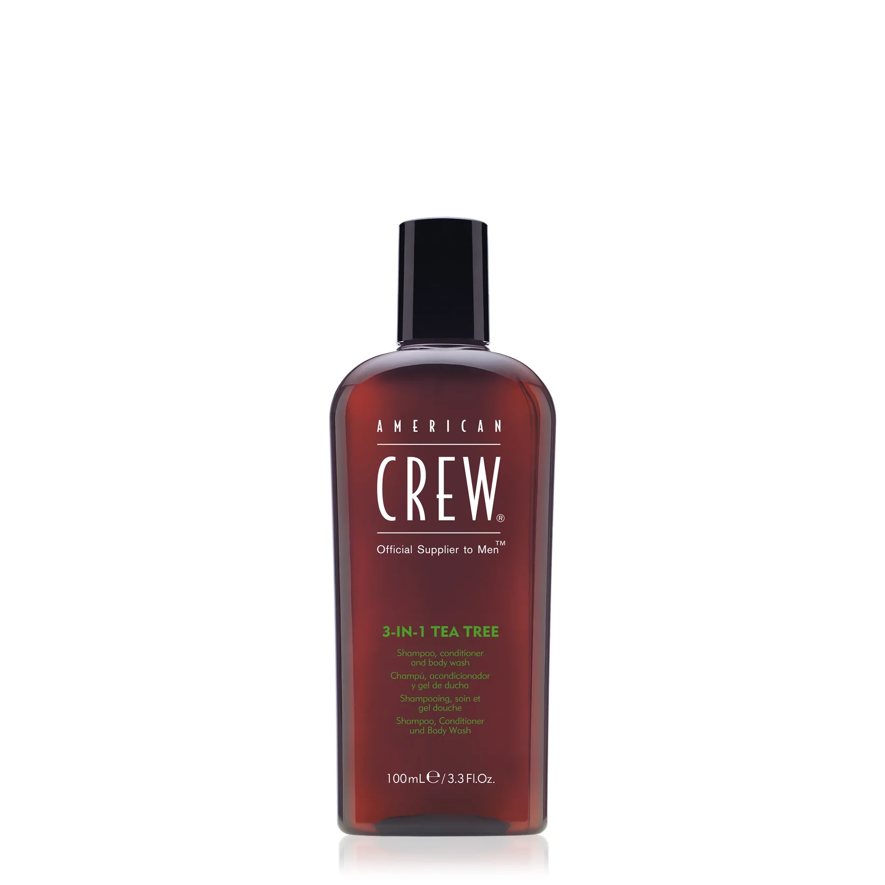 American Crew 3-in-1 Shampoo,Conditioner & Body Wash Tea Tree for Men 100ml Frasco American Crew 3-IN-1 TEA TREE castanho com tampa preta